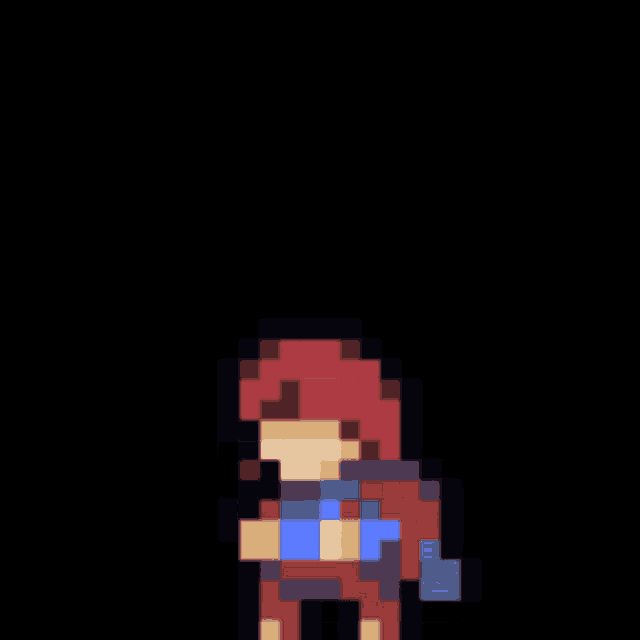 a pixel art drawing of a person with red hair and a blue scarf
