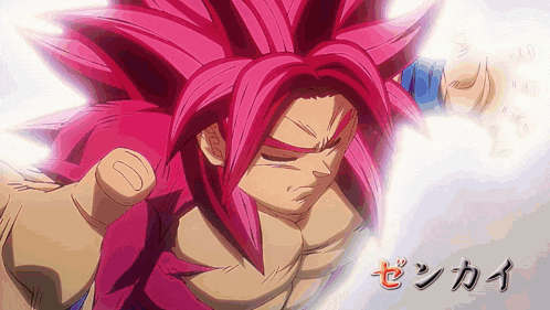 a cartoon character with red hair and the word zenkai in the bottom right corner