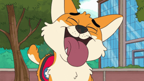 a cartoon of a dog sticking its tongue out in front of a building