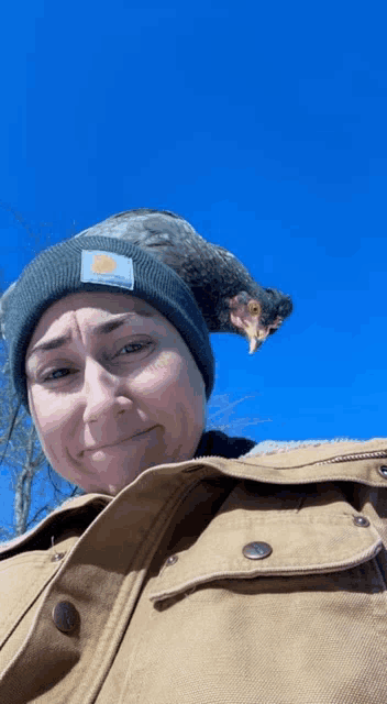 a woman wearing a carhartt beanie holds a chicken on her shoulder