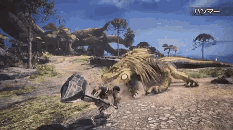 a video game scene with a hammer and a monster
