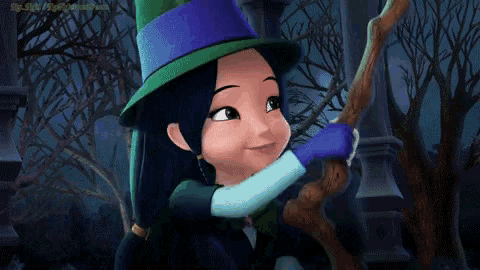a cartoon girl wearing a green hat and purple gloves holds a stick