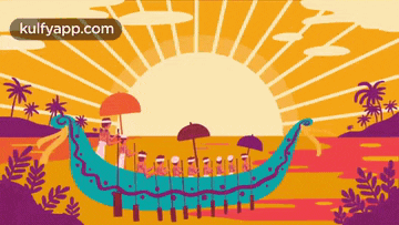 a cartoon of people in a boat with umbrellas