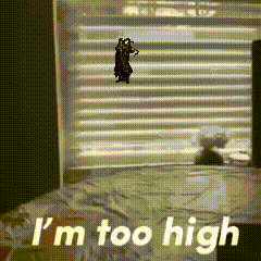 a person standing in front of a window with the words i 'm too high on the bottom