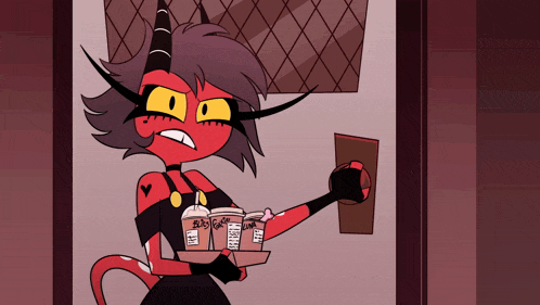a cartoon character holding a tray of starbucks coffee cups