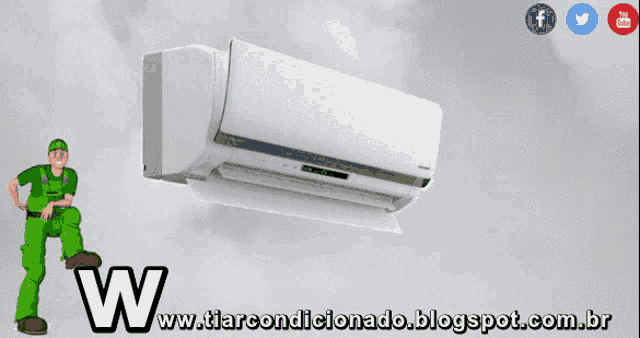 a cartoon man standing next to an air conditioner with the website www.tiarcondicionado.blogspot.com.br written below him