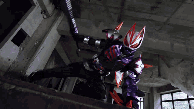 a person in a purple and red costume with a sword