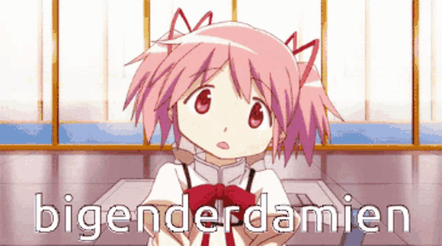 a picture of a girl with bigenderdamien written in white letters