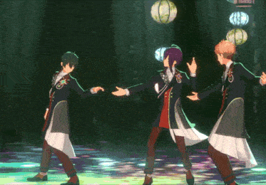 three anime characters are dancing on a stage in front of lanterns