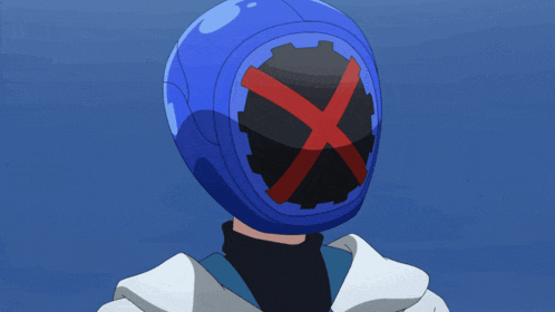 a person wearing a blue helmet with a red cross on it