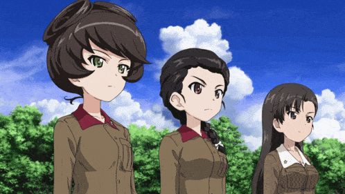 three anime girls are standing next to each other