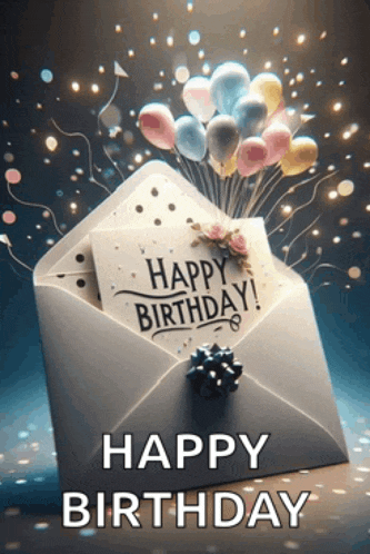 an envelope with balloons in it and a card that says happy birthday