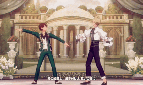 two anime characters are dancing in front of a building with chinese writing on it