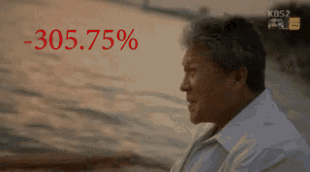 a man in a white shirt is looking at the water with -305.75 % in red letters