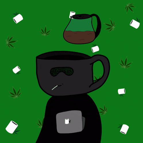 a cartoon drawing of a cup of coffee with marijuana leaves