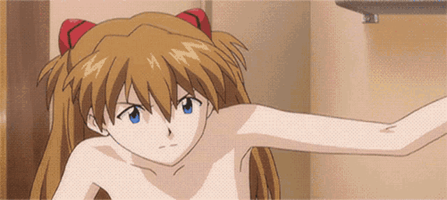 a naked anime girl with red hair and blue eyes is standing in a room
