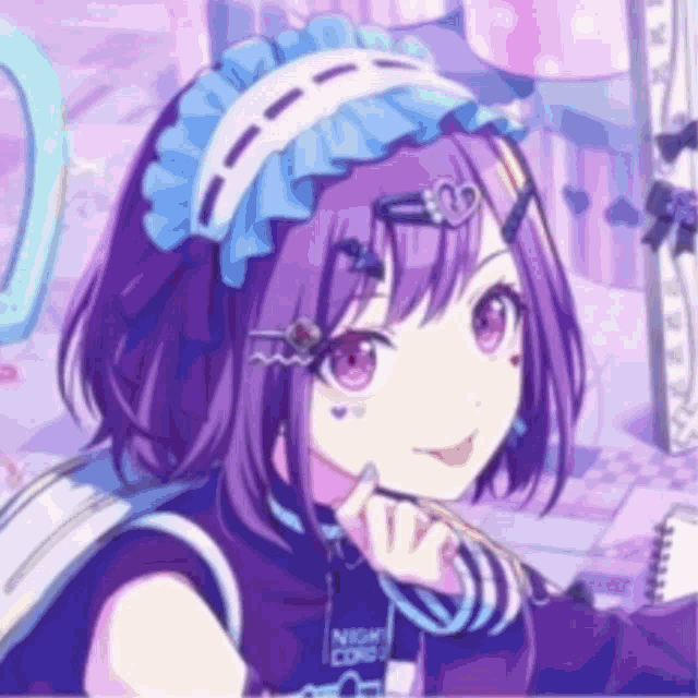 a girl with purple hair and pink eyes is wearing a blue and white headband and a backpack .