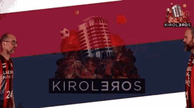 two men are standing next to each other in front of a microphone that says kirol3aos on it