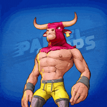 a cartoon of a man with a bull 's head on a blue background