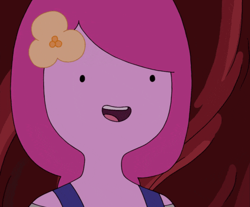 a cartoon character with pink hair has a flower in her hair and is pointing