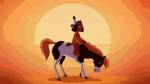 a cartoon of a native american riding a horse in the desert