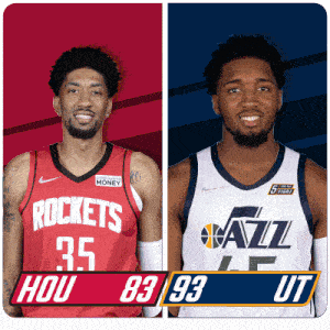 two basketball players from the rockets and jazz are standing next to each other