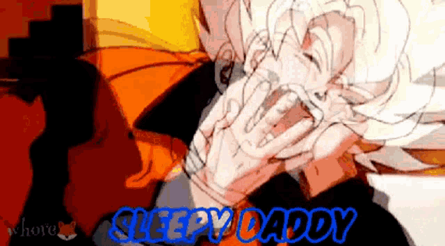 a cartoon of a man laughing with the words sleepy daddy written in blue