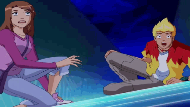 a boy and a girl are sitting on a blue surface