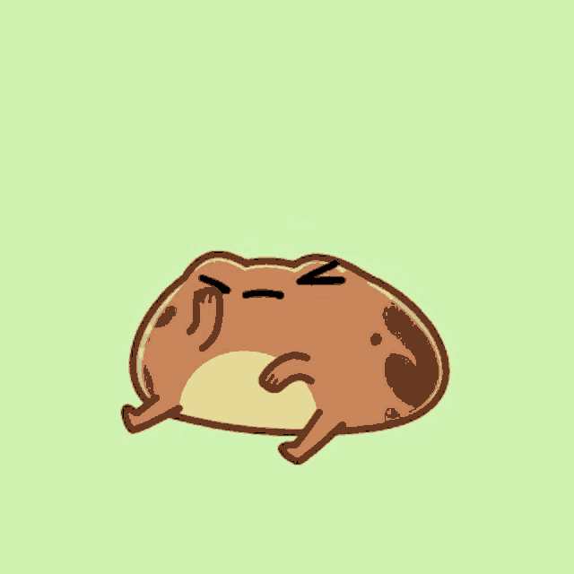 a cartoon frog is laying down on a green background and making a funny face .