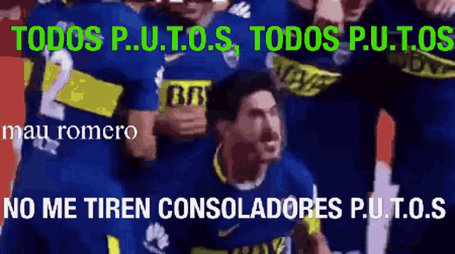 a group of soccer players wearing blue jerseys with the words todos p.u.t.o.s