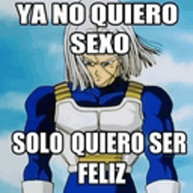 a cartoon character from dragon ball z is standing in front of a blue sky with a caption .