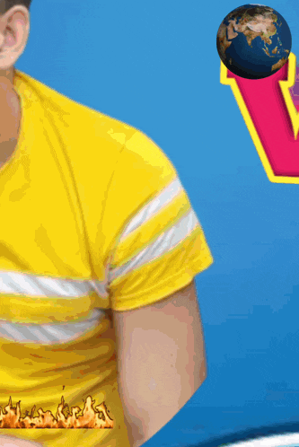a man in a yellow shirt is standing in front of a sign that says v.