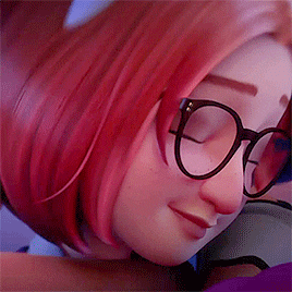 a cartoon character with red hair and glasses is hugging another character .
