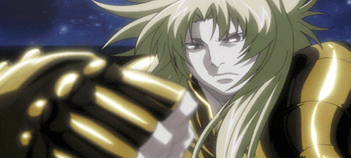 a close up of a cartoon character with long blonde hair and gold gloves