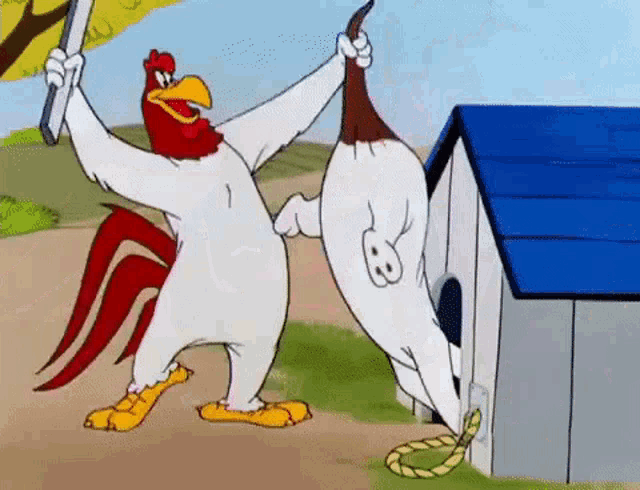 a rooster and a chicken are dancing in front of a doghouse .