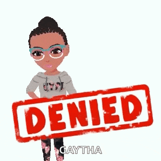 a girl with glasses is holding a stamp that says denied