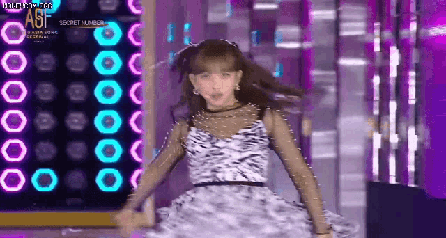 a woman in a zebra print dress is performing on stage .