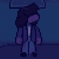 a pixel art of a person in a purple jacket standing in the dark .