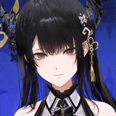 a close up of a girl 's face with black hair