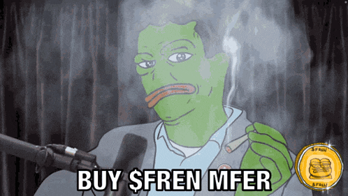 a cartoon of a man smoking a cigar with the words buy $ fren mfer below him