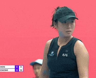 a tennis match between hon and chong is being played on a blue tennis court