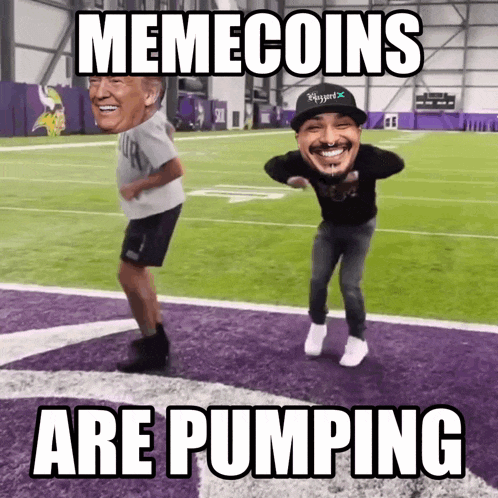 two men are dancing on a football field with memecoins are pumping written below them