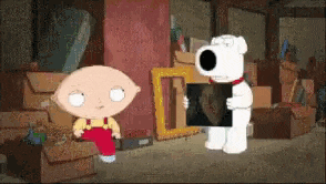 a cartoon character is holding a picture of a man