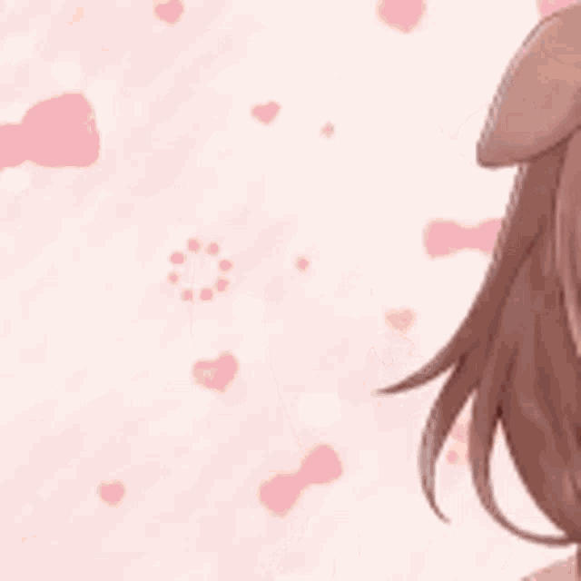 a close up of a girl with dog ears on a pink background with hearts .
