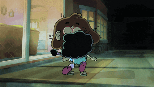 a cartoon character with a cloud on her head is standing in front of a store