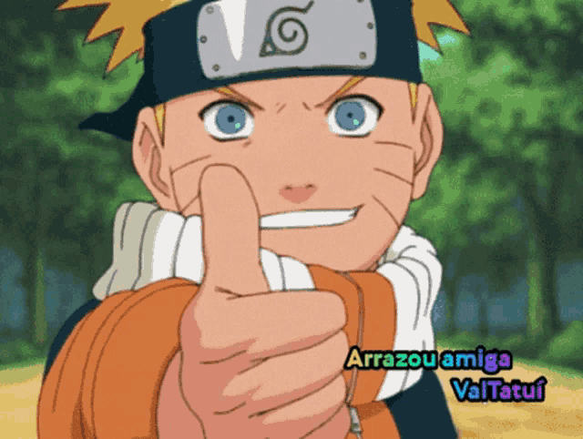 a cartoon character giving a thumbs up with the words arrazou amiga valtatui written below him