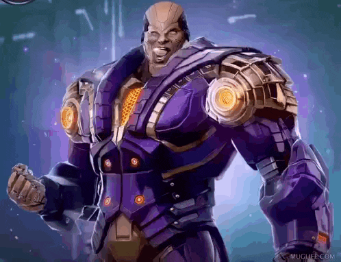 a man in a purple and gold suit is standing with his fist in the air ..