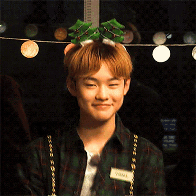 a young man wearing a christmas tree headband is smiling while standing in front of a string of lights .