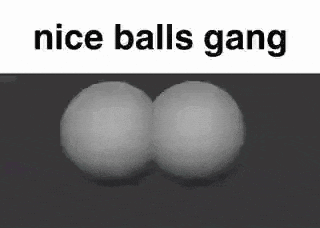 a black and white photo of two balls with the words `` nice balls gang '' above them .