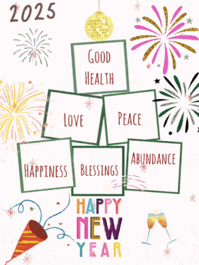 a happy new year greeting card with fireworks and a disco ball says good health love peace happiness blessings abundance and happy new year